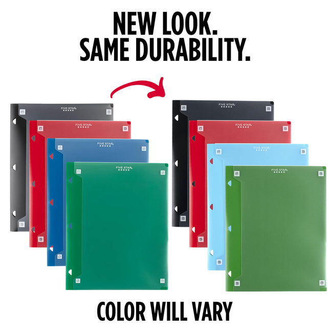 Five Star 2 Pocket Folder, 4 Pack, Customizable Cover, Folder with Pockets, Fits 3 Ring Binder, Plastic, Black, Pacific Blue, Fire Red, Forest Green (330092A-ECM)