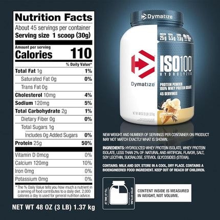 Dymatize Iso-100 Hydrolyzed Whey Protein Isolate 43 Serves Gourmet Vanilla 1.36kg