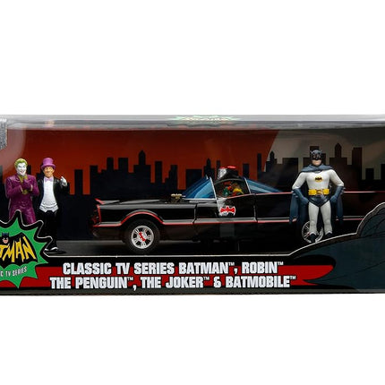 DC Comics 1:24 Classic TV Series Batman Batmobile Die-Cast Car & 2.75" Batman, Robin, Penguin, & The Joker Figures