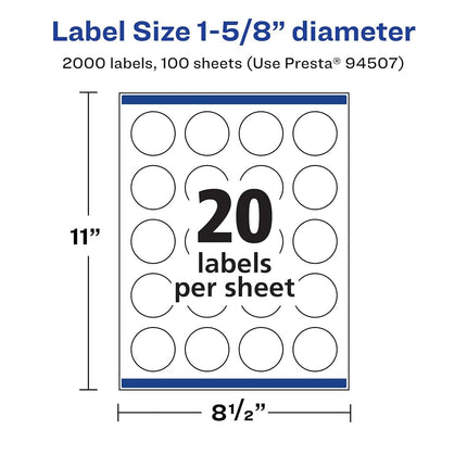 Avery Matte White Round Labels with Sure Feed, 1-5/8" Diameter, 2,000 Matte White Printable Labels