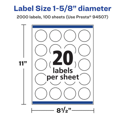 Avery Matte White Round Labels with Sure Feed, 1-5/8" Diameter, 2,000 Matte White Printable Labels