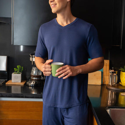 Fruit of the Loom mens 360 Stretch Short Sleeve V-neck Top and Short Sleep Pajama Set, Navy, S