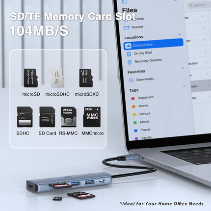 Tymyp USB Hub, 6 in 1 USB C HUB, Sleek USB Splitter with 4K HDMI, Type C PD 100W, 2 x USB 3.0, and SD/TF Card Reader for Laptop, Flash Drive, Printer, Camera, and More