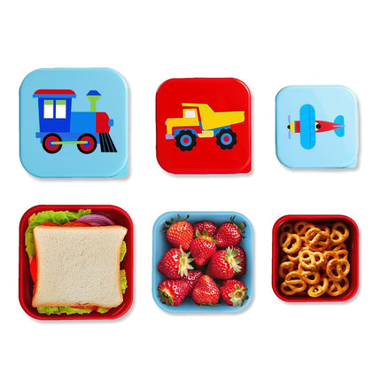 Wildkin Nesting Food Containers for Kids – Stackable, Airtight & Dishwasher Safe - Set of 3 - Trains, Planes & Trucks