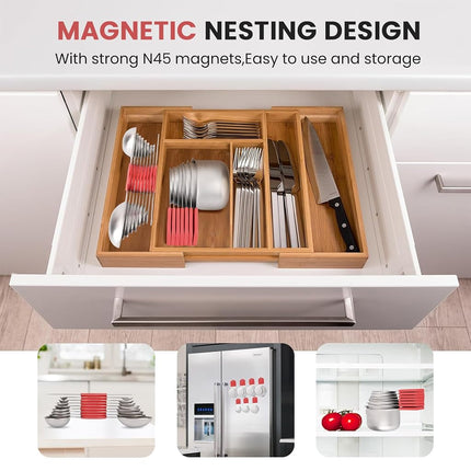 Magnetic Measuring Cups and Spoons Set-Heavy Duty 304 Stainless Steel，Double Measurement Markings，Set of 16 with Leveler for Measure Dry and Liquid Ingredients (Red)