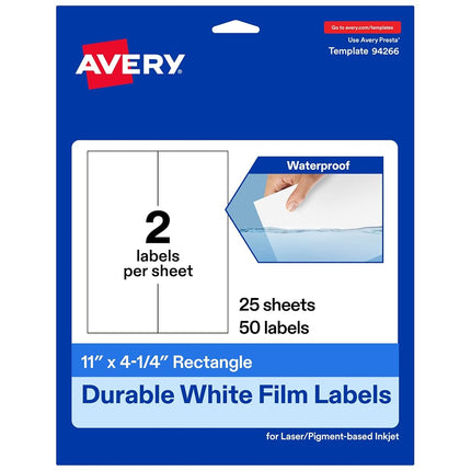 Avery Durable Waterproof Rectangle Labels, 11" x 4.25", 50 Oil and Tear-Resistant Waterproof Labels, Laser/Pigment-Based Inkjet Printable Labels