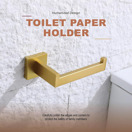 TASTOS Toilet Paper Holder Brushed Gold, Toilet Tissue Roll Holders Dispenser and Hangers Wall Mounted for Bathroom & Kitchen, Stainless Steel Modern Square Style 2 Pack