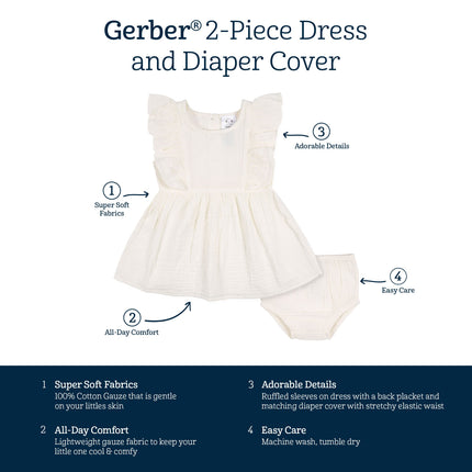 Gerber set de 2 piezas de vestido y cubrepañal para bebé niña, color marfil, talla 4T