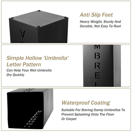 Metal Umbrella Stand, 16.5x6.3x6.3inch Square Free Standing Umbrella Rack Decorative Umbrella Holder Bin Multipurpose Walking Sticks Holder for Umbrella Cane Entryway Home Office(black)