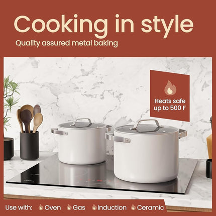 Cream 5 Quart Aluminum Stock Pot with Lid, Nonstick Ceramic Coated Boiling Pot, PTFE & PFAS Free, Oven Safe to 500�F, Riveted Stainless Steel Handles, Tempered Glass Lid, All Stove Compatible
