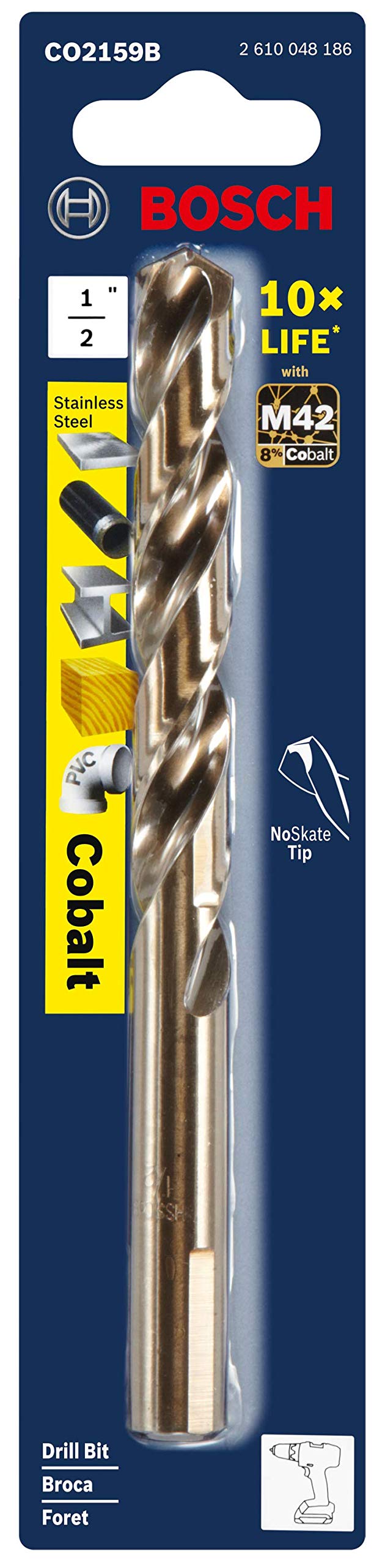 BOSCH CO2159B 1-Piece 1/2 In. x 6 In. Cobalt M42 Metal Drill Bit with Three-Flat Shank for Drilling Applications in Stainless Steel, Cast Iron, Titanium, Light-Gauge Metal, Aluminum