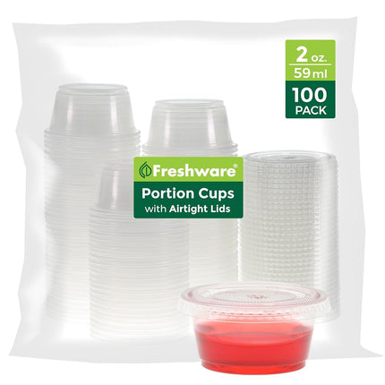 Freshware Plastic Portion Cups with Lids [2 Ounce, 100 Sets] Disposable Plastic Cups for Meal Prep, Salad Dressing, Jellos Shot Cups, Souffle Cups, Condiment and Dipping Sauce Cups