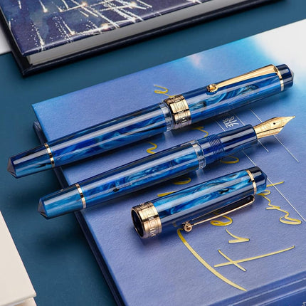 Asvine P20 Galaxy Blue Resin Iridium Extra Fine Nib Plunger Fountain Pen Gold Trim Smooth Scribe Collection with Case Set