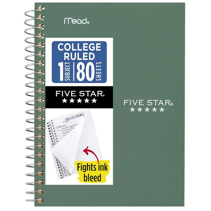 Five Star Spiral Notebook, 1 Subject, College Ruled Paper, Personal Size, 4-3/8" x 7", 80 Sheets, Fights Ink Bleed, Water Resistant Cover, Seaglass Green (450048CH1-ECM)