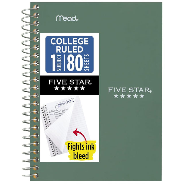 Five Star Spiral Notebook, 1 Subject, College Ruled Paper, Personal Size, 4-3/8" x 7", 80 Sheets, Fights Ink Bleed, Water Resistant Cover, Seaglass Green (450048CH1-ECM)