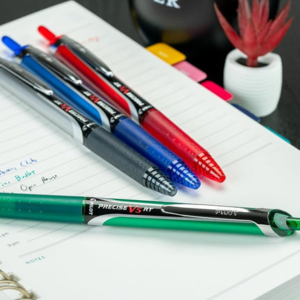 PILOT Precise V5 RT Refillable & Retractable Rolling Ball Pens, Extra Fine Point Pens, 0.5 mm, Black/Blue/Red/Green, Pack of 4 - Ideal for School, Journaling & Office Writing