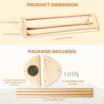 TonGass 16" Extra Long Chicken Perch - Freestanding Roosting Bar for Baby Chicks with Built-in Mirrors for Entertainment - Durable Polished Bamboo Roosting Bar - 15 3/4 x 6 5/8 x 3 1/2"