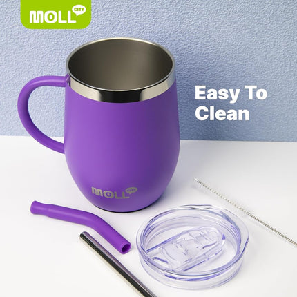 Mollcity Tumbler with Lid and Straw-12 oz Stainless Steel Double Wall Vacuum Insulated Tumbler Cup with Handle (Purple-Purple Pink)