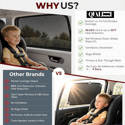 XL/Car Side Window Shades for SUV. 8 Sizes/2 Pack. Stretch-to-Fit Mesh for Rear Windows Up to H:20" x W:46". Sun, Heat & Bugs Protection, Blocks 96% UVA. Camping Windows Screens | Qualizzi®