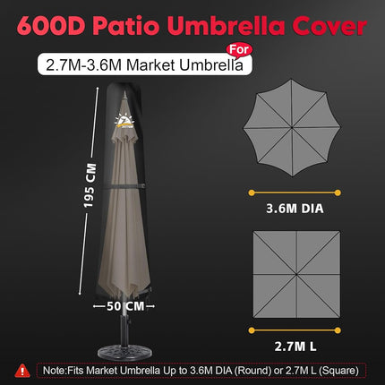 Zettum Patio Umbrella Cover - 600D Umbrella Covers Waterproof & Heavy Duty, Outdoor Umbrella Covers with Zip, Large Patio Parasol Cover Provide All-Weather Protection, Fit Market Umbrellas Up to 12 FT
