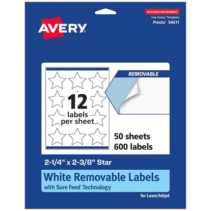 Avery Matte White Removable Star Labels with Sure Feed Technology, Print-to-The-Edge, 2-1/4" x 2-3/8", 600 Removable Labels, Laser/Inkjet Printable Labels