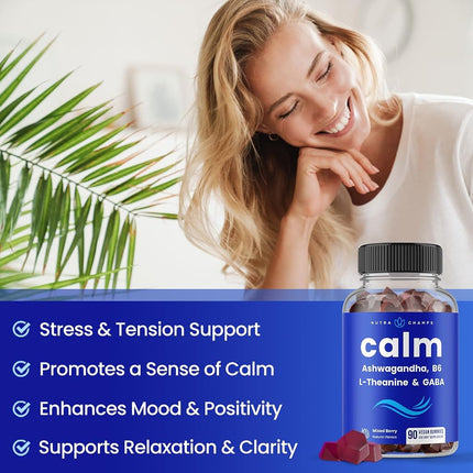 NutraChamps Calm Gummies | Stress Supplement with Ashwagandha, L-Theanine, GABA, Vitamin B6 & Lemon Balm Supports Mood, Focus Relief Vegan Non-GMO Natural Berry 90 (2 Pack), 0.472 kilograms
