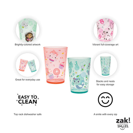 Juego de vasos apilables Gabby's Dollhouse de DreamWorks de Zak Designs para el hogar, vasos de plástico sin BPA de 428 ml, paquete de 4 (Gabby, Pandy Patas, Pasticake, Mercat, Hada Gatita, Baby Box)