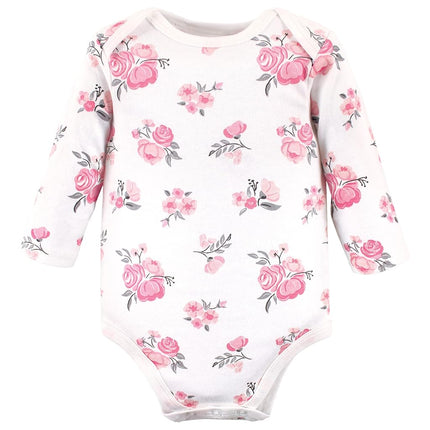 Hudson Baby Baby Girls Cotton Long-sleeve Bodysuits 3-pack, Basic Pink Gray Floral, 9-12 Months