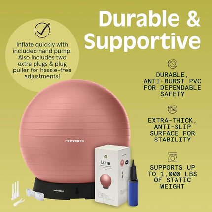 Ballon d'exercice Retrospec Luna avec base et pompe/Ballon et pompe avec matériau anti-éclatement - Ballon suisse de fitness et de gym - Parfait pour l'équilibre, la stabilité, le yoga, le Pilates, la grossesse et l'accouchement - 55 cm - Rose