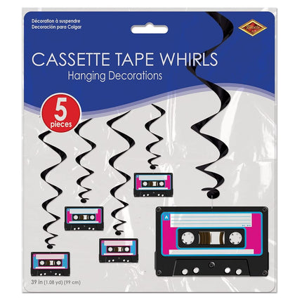 Beistle S54703AZ1 5 Piece 80's Theme Cassette Tape Hanging Swirl Decorations Retro 1980's Party Décor Whirls, Plastic Paper, Black/White/Pink/Turquoise