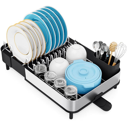 Urackify Foldable Dish Drying Rack, Expandable 304 Stainless Steel Dish Drainer with Removable Cutlery Holder, Space-Saving Dish Rack for Kitchen Counter, Black