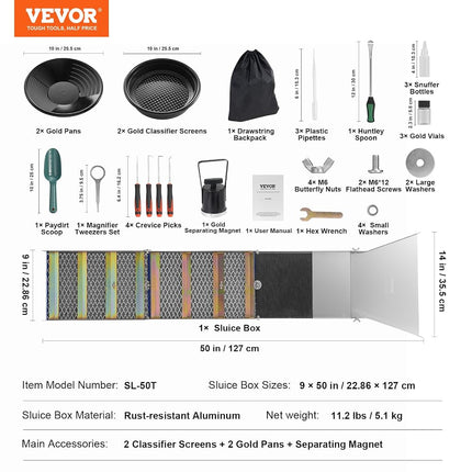 VEVOR Gold Panning Kit With Sluice Box, 50" Aluminum Mining Equipment, 23 PCS Prospecting Kit With Pan, Classifier Screen, Separating Magnet, Drawstring Backpack and Accessories