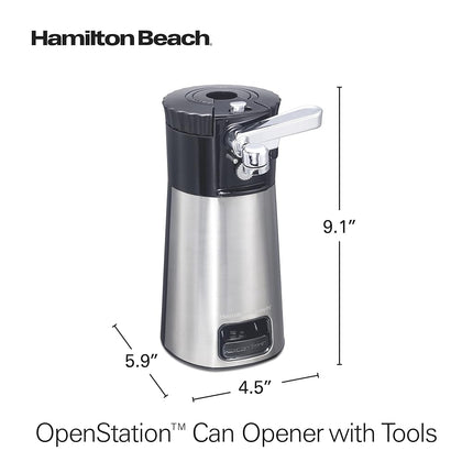 Abrelatas eléctrico automático Hamilton Beach OpenStation para cocina con multiherramienta y abridor de botellas y frascos, apagado automático, almacenamiento de cable y tecnología Sure Cut, acero inoxidable (76382FJ)