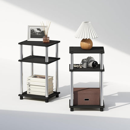 Furinno JUST Night Stand Set of 2, 3-Tier Turn-N-Tube Nightstand, Toolless Bedside Tables, End Table, Side Table with Open Storage for Bedroom, Living Room, Americano/Stainless Steel