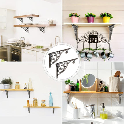 Shelf Brackets 8 Inch 4PCS Heavy Duty Antique Weathered Nickel Wall Bracket Baroque Kitchen Decorative Rack Shelves, Including All Hardware. (4, Antique True Silver)