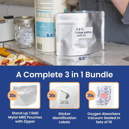 Wallaby MRE Mylar Bag Bundle - 10x (7.5 Mil - 6.5 cm x 8.5 cm) Stand-Up Zipper Pouches, 10x 400cc Oxygen Absorbers - Heat Sealable & Withstand Boiling Water - Long-Term Food Storage Solutions - Silver