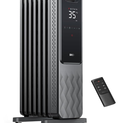 Radiador de aceite DREO, Calefactores eléctricos radiantes para interiores en habitaciones grandes con control remoto, bloqueo para niños, 4 modos, protección contra sobrecalentamiento y vuelco, temporizador de 24h, termostato digital, silencioso, 1500W