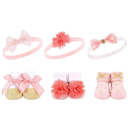 Hudson Baby Set de regalo de diadema y calcetines para bebé niña, coral dorado, 6 piezas, talla única