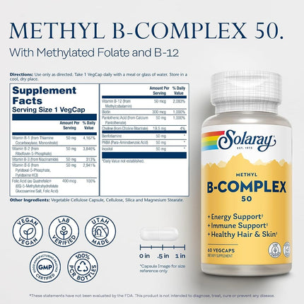 Solaray Methyl B-Complex 50mg | Methylated Forms of Folate & B-12 | Healthy Hair & Skin, Nerves, Immune Function & Metabolism Support | 60 VegCaps