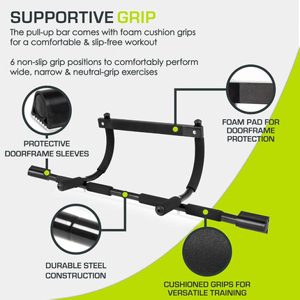 ProsourceFit Multi-Grip Lite Pull Up/Chin Up Bar, Heavy Duty Doorway Upper Body Workout Bar for Home Gyms 24”-32”