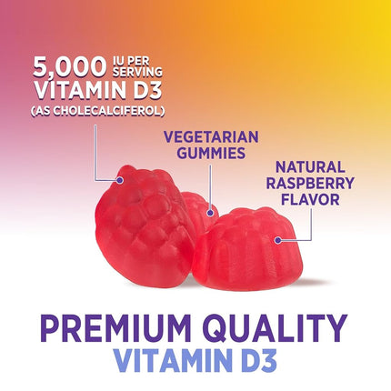 Health Nutrition Naturals Vitamin D3 Gummies 5000IU (125mcg), D Immune Support Gummy, Delicious Raspberry Flavor, Gluten Free Vegetarian GMO-Free Chewable - Bone for Adults, Men, Women 120