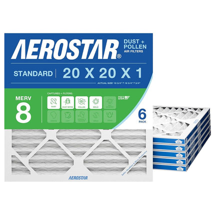 Filtro de aire plisado Aerostar, MERV 8, 20x20x1, paquete de 6
