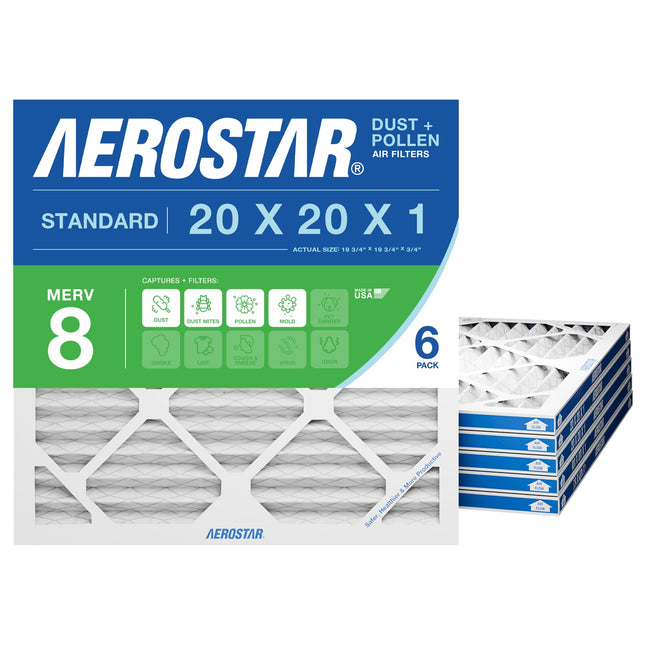 Aerostar Pleated Air Filter, MERV 8, 20x20x1, Pack