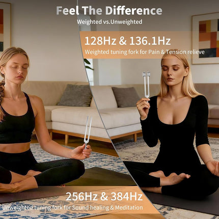 Tuning Forks for Healing Set - 128Hz, 136.1Hz, 256Hz, 384Hz, Weighted & Unweighted, Tuning Fork with Hockey Puck Activator & feet, Sound Therapy Chakra Balance for Yoga & Meditation in Leather Pouch