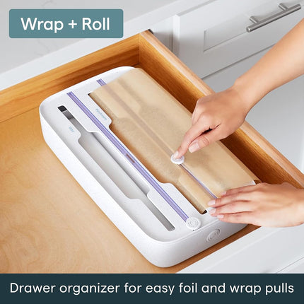 YouCopia Drawer Foil, Plastic Wrap, Parchment and Wax Paper with Safety Cutters and Labels for Kitchen Organization, 3-in-1, Speckled White