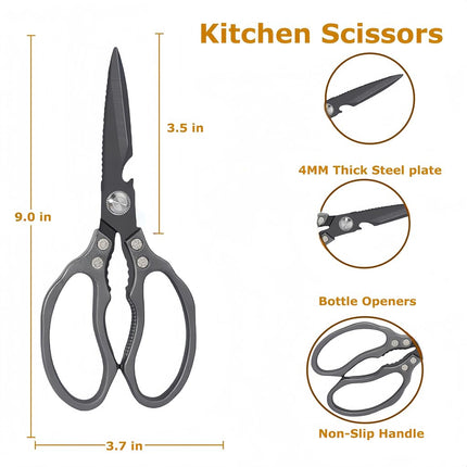 AWinjoy Heavy Duty Sharp Kitchen Scissors, Stainless Steel, Ambidextrous, Dishwasher Safe, Black
