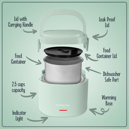 Nostalgia Portable 20-Ounce Electric Heated Lunch Box � Travel Size 2.5 Cup Capacity for Soup, Chili, and Leftovers � Leak Proof Silicone Sealed Lid, Foldable Carry Handle, Detachable Cord � Sage