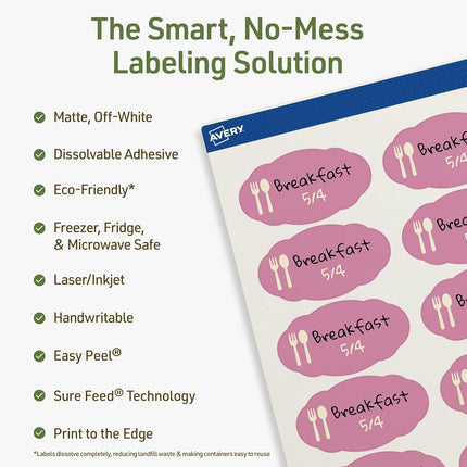 Avery Sure Feed Dissolvable Oval Labels with Sure Feed Technology, 1-1/8" x 2-1/4", Matte White, Edge Printing, Compatible with Laser and Inkjet Printers, 210
