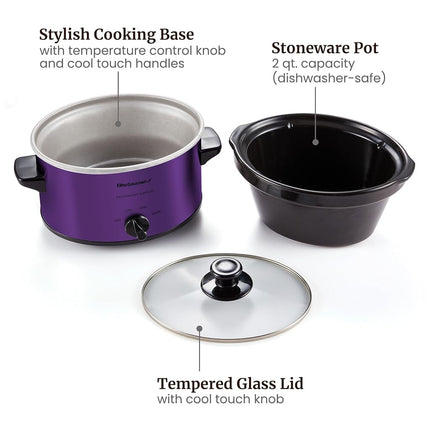Elite Gourmet MST-275XP# Electric Oval Slow Cooker, AdjCatable Temp, Entrees, Sauces, Stews & Dips, Dishwasher Safe Glass Lid & Crock (2 Quart, Purple)
