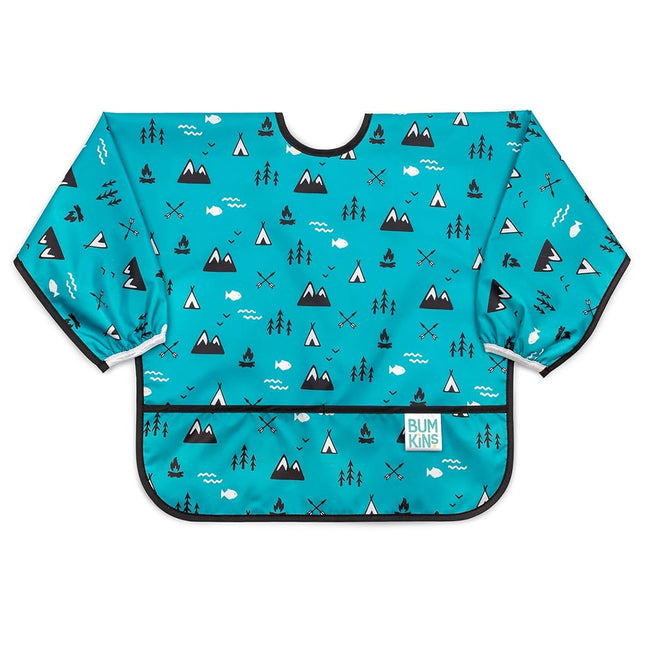 Bumkins Sleeved Bib, Handy Tie Closure for Custom Fit, Catch-All Pocket, Baby-Led Weaning, Waterproof, Machine Washable, Stain & Odour Resistant, BPA Free, 6-24 Months, Outdoor Design